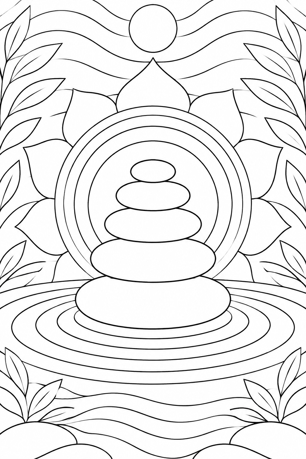 A mandala coloring page featuring stacked stones at the center inside circles, a lotus behind them, leaves around the edges, and wavy lines at the bottom.