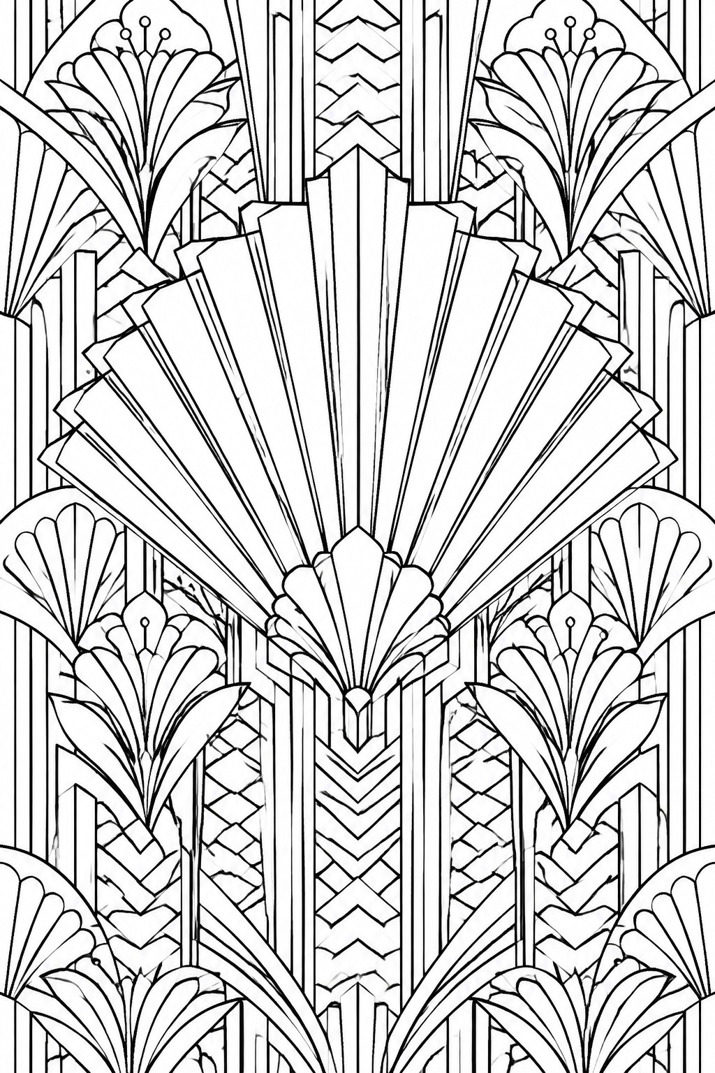 A black and white line drawing of an intricate Art Deco pattern with a large central radiating fan, chevrons, and symmetrical shell-like motifs.