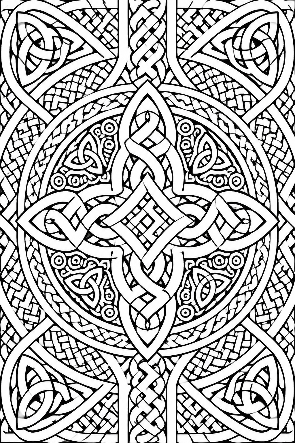 Intricate black-and-white Celtic knotwork with symmetrical interwoven loops and braids.