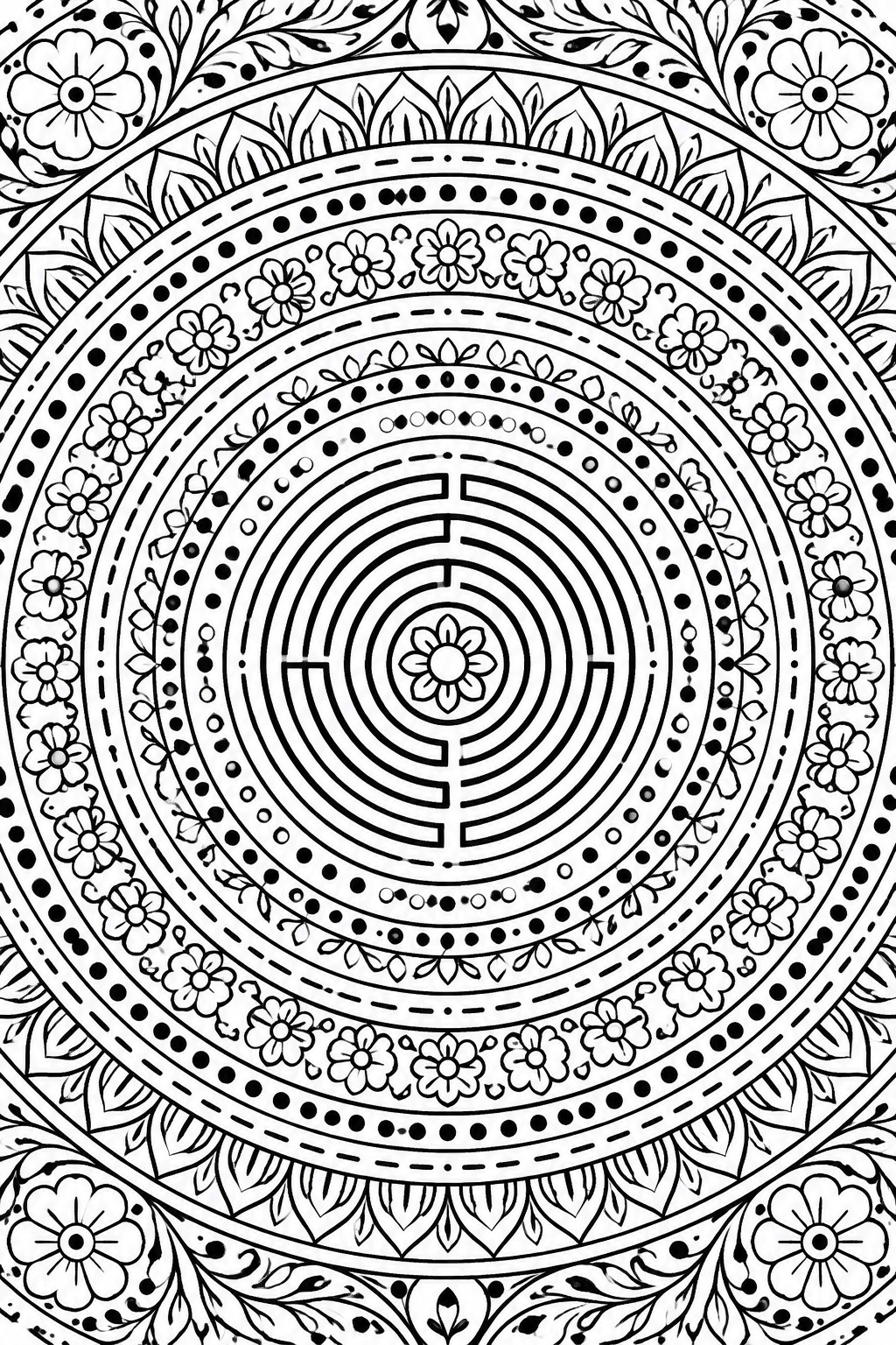 A black and white mandala coloring page with a central maze, concentric dotted rings, small flowers, and outer floral borders.