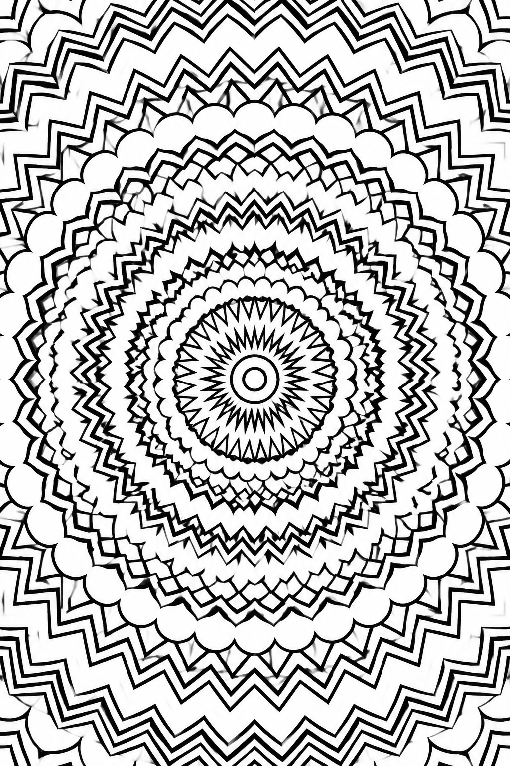 Complex black-and-white mandala with concentric zigzags, circles, and radiating center patterns.