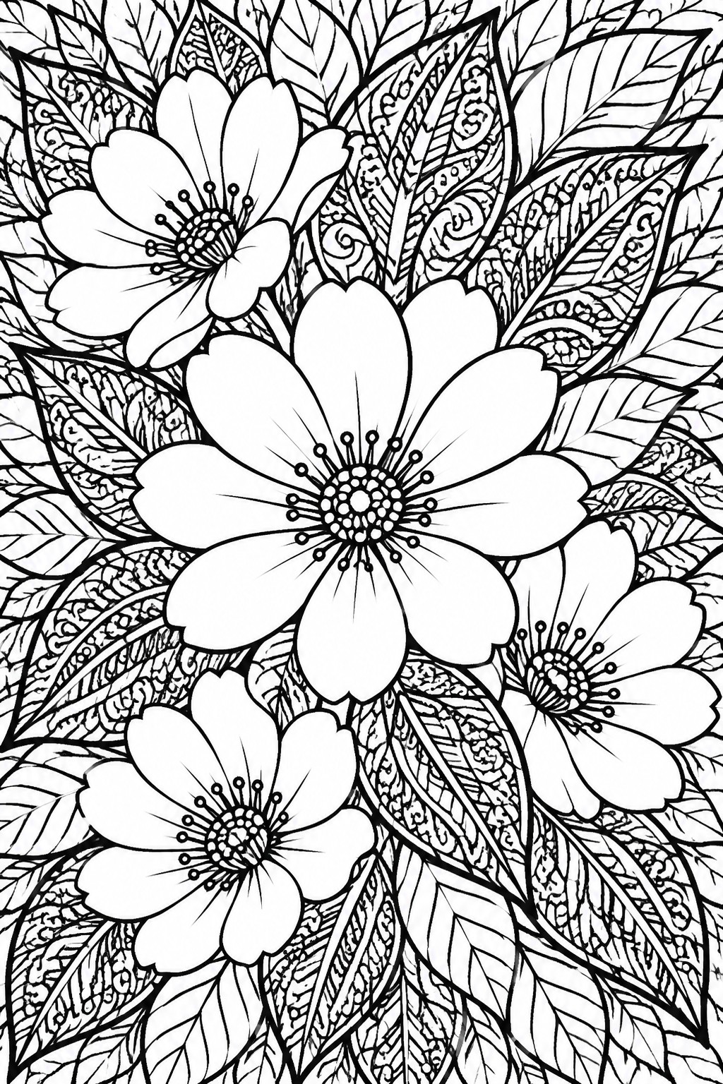 Black and white floral coloring page with large blooms and ornate leaves