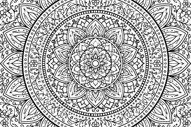 Intricate black-and-white mandala with layered floral petals, leaves, and dotted borders.