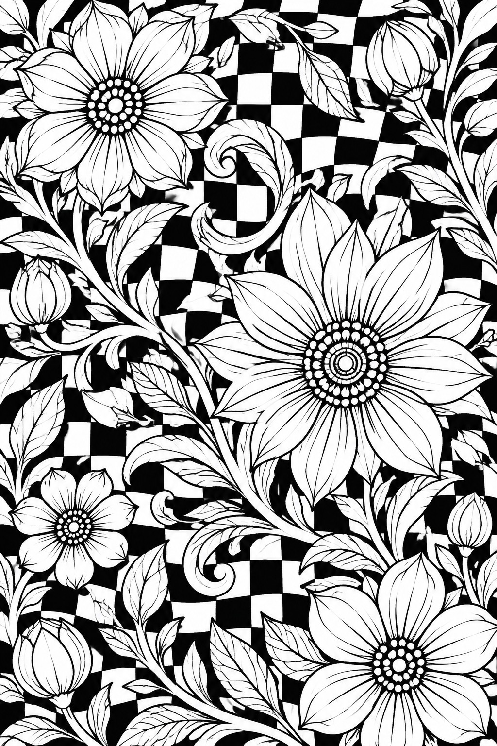Black and white floral line art with flowers, leaves, vines on checkerboard background