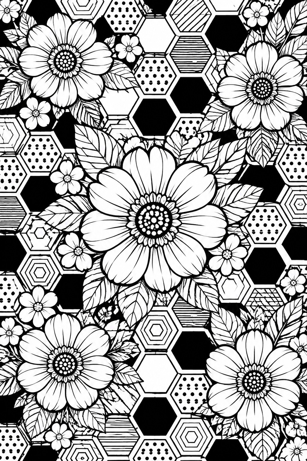 Black and white floral pattern with daisies, leaves, and patterned hexagons