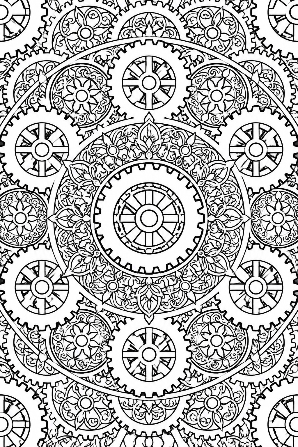 Intricate black-and-white mandala of interlocking gears and floral patterns