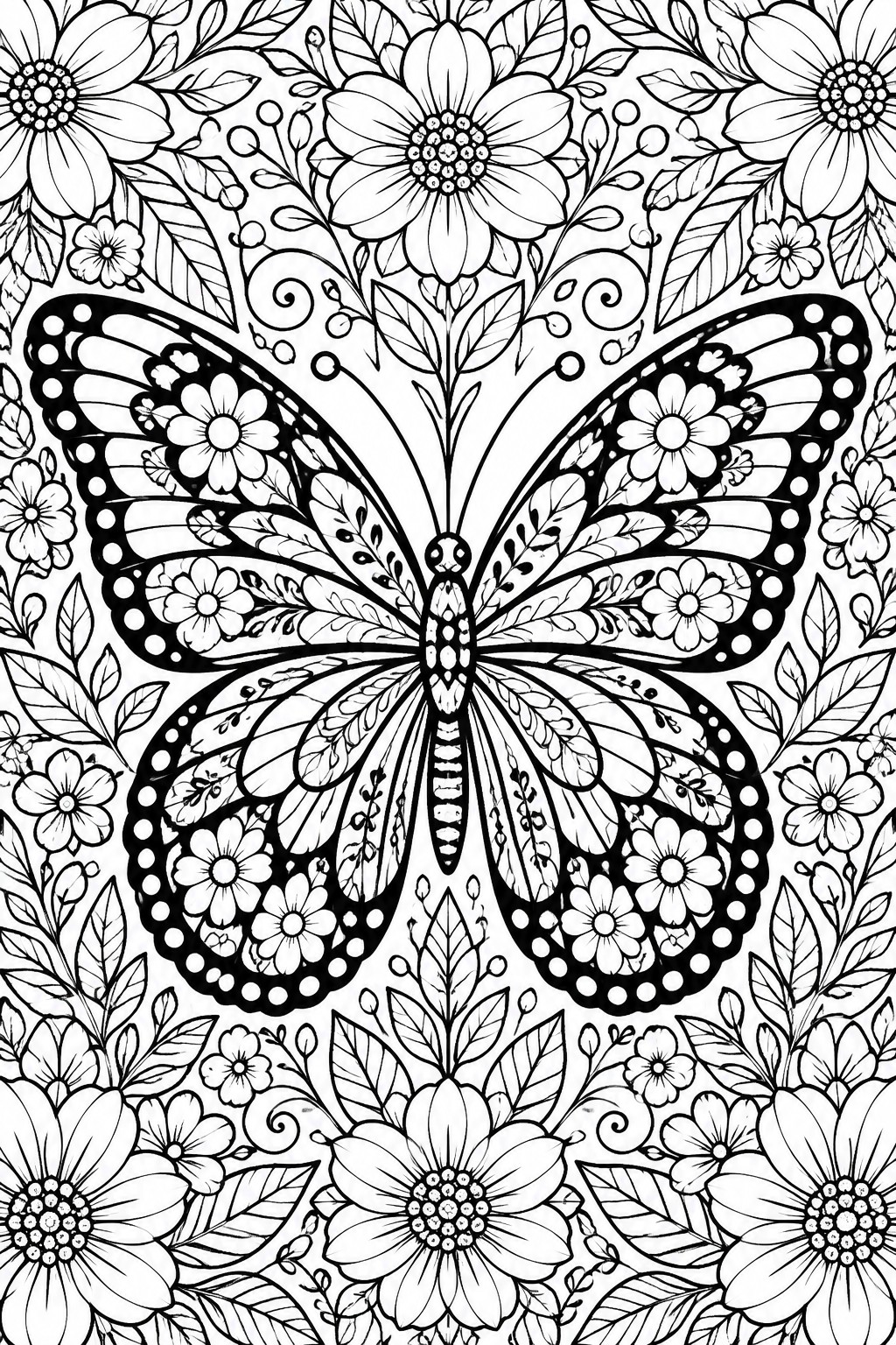 Intricate black-and-white butterfly with floral wing patterns amid blooming flowers and leaves