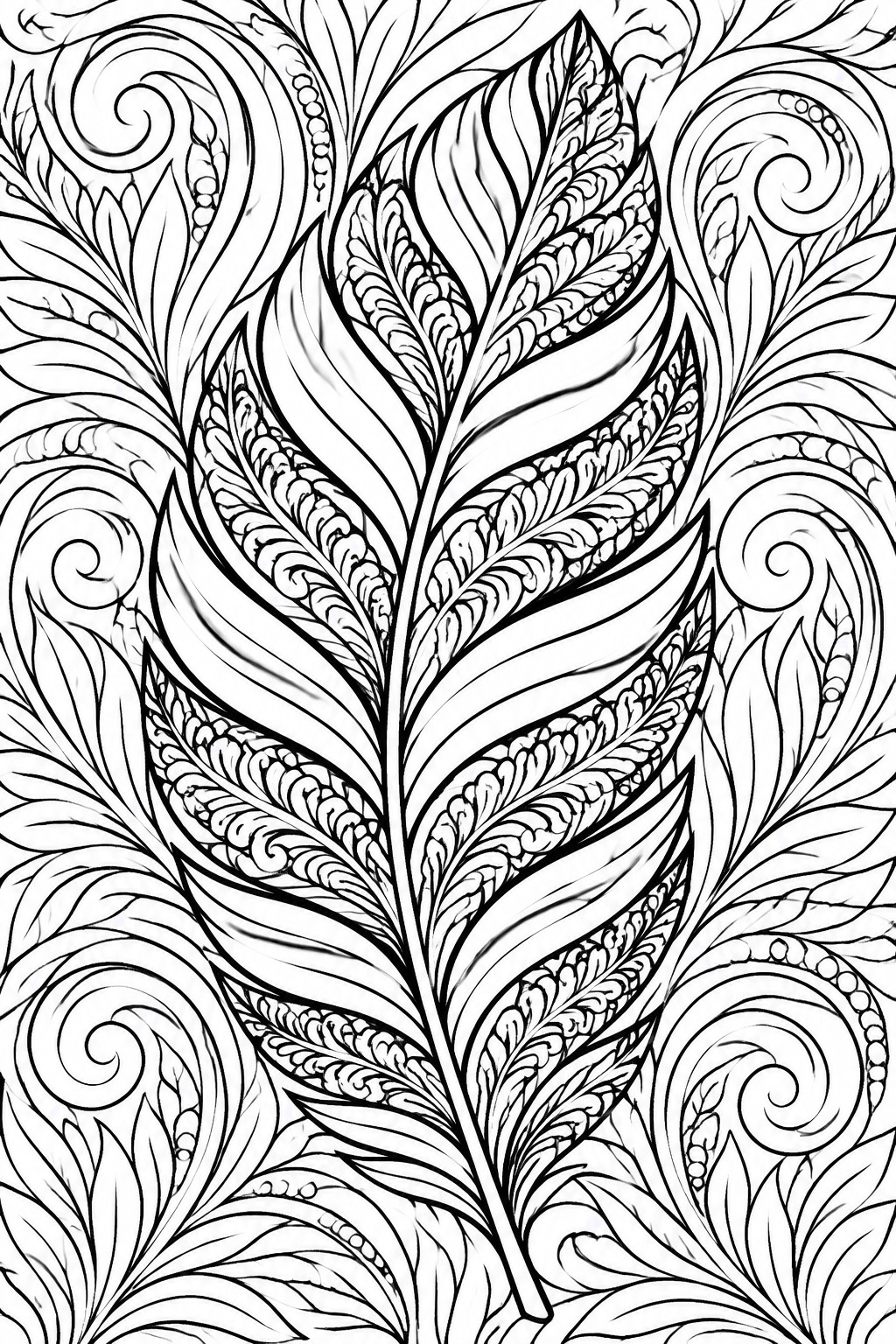 Black and white intricate feather illustration with decorative swirls and leaves