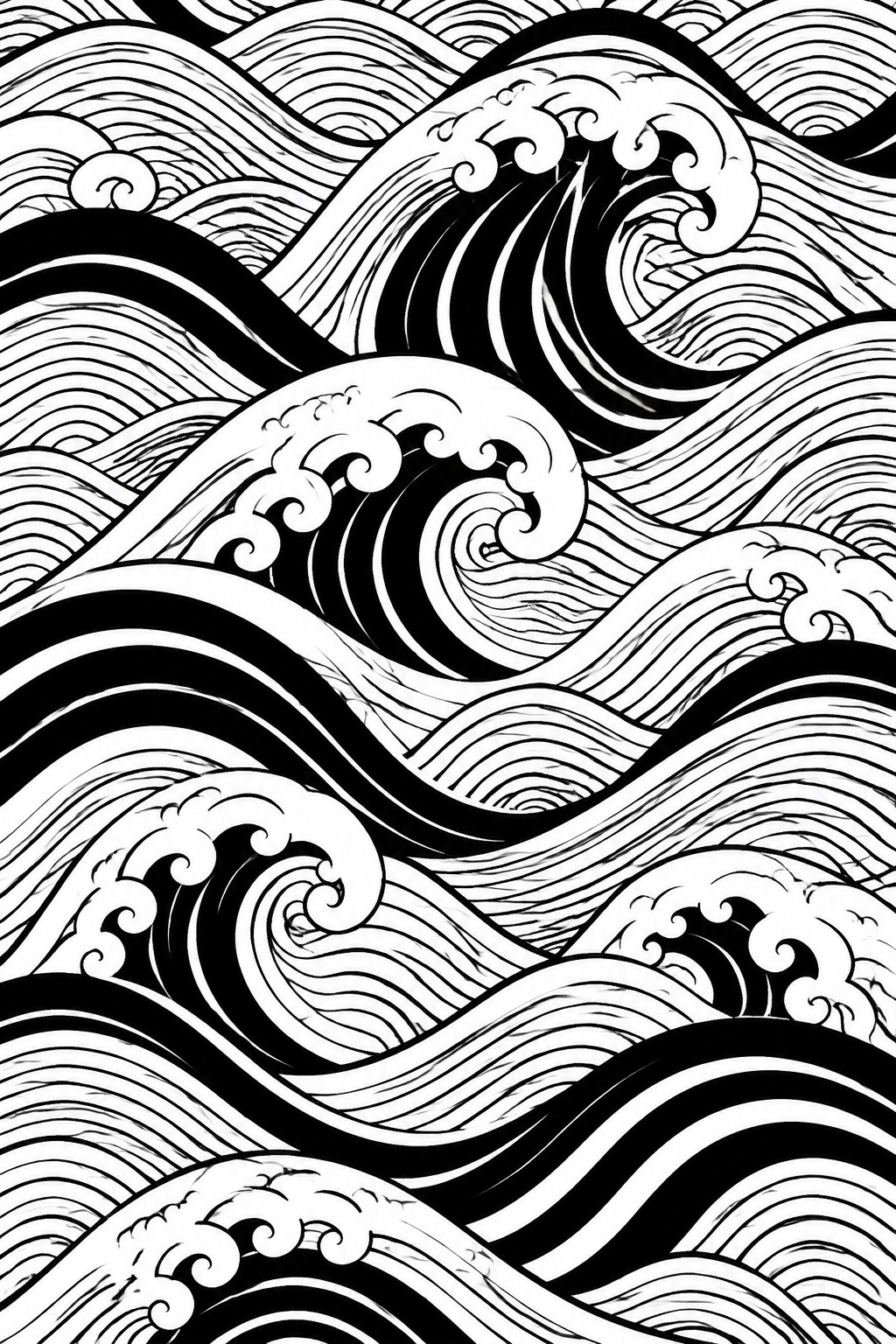 Black and white line art of overlapping stylized ocean waves with swirling crests and foam details filling the page.