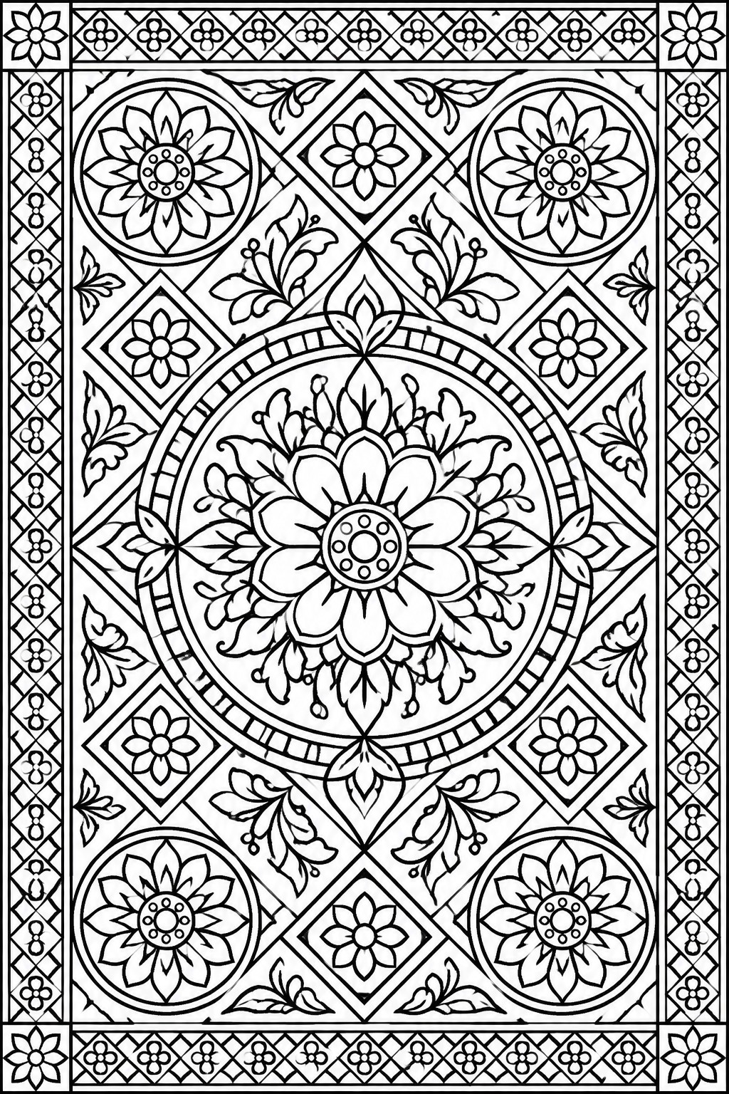 Intricate black and white mandala with central floral design and geometric patterns