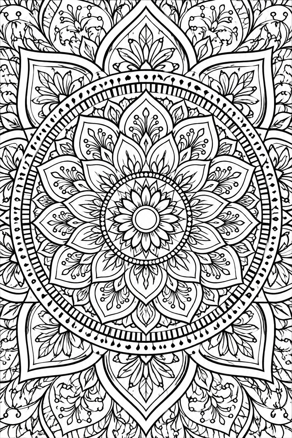Intricate black-and-white mandala with layered floral petals, leaves, and dotted borders.