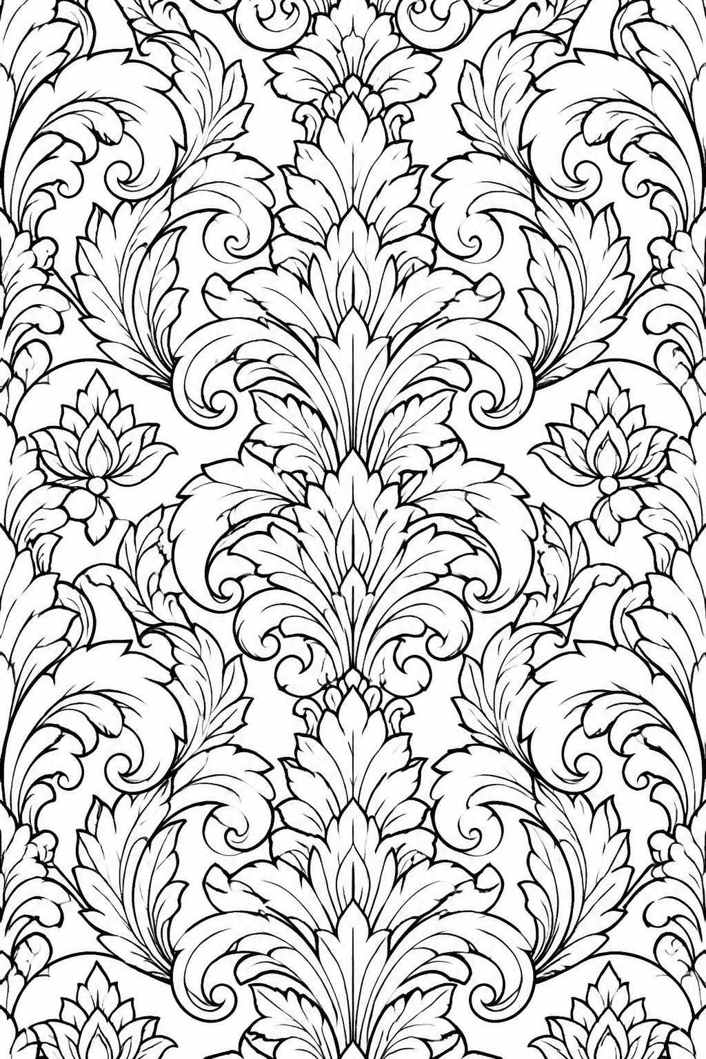 Ornate black and white damask pattern with swirling leaves and flowers
