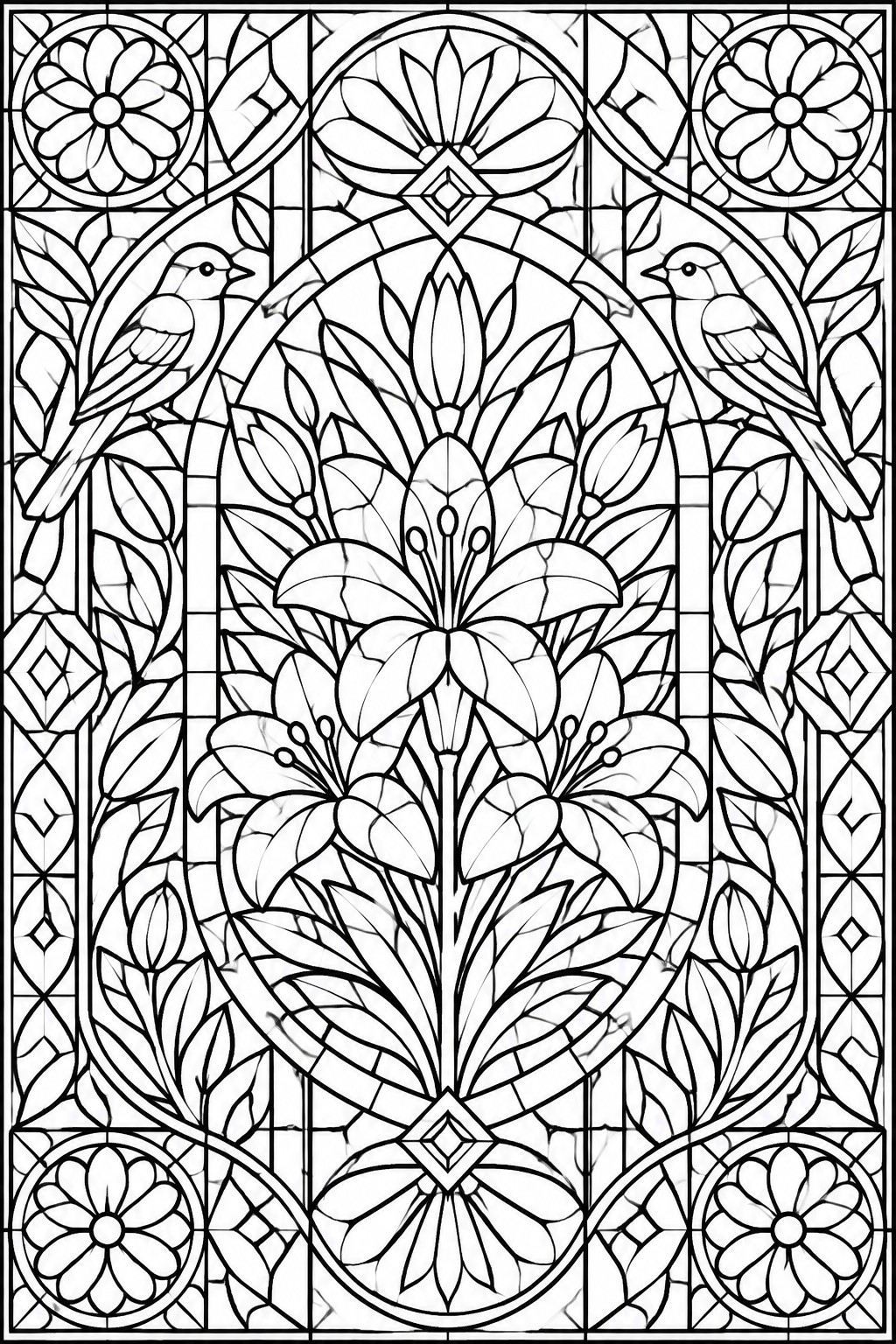 A black and white line drawing of a stained glass style design with a central cluster of lilies, two birds on either side, an arch, and circular flower motifs in the corners.