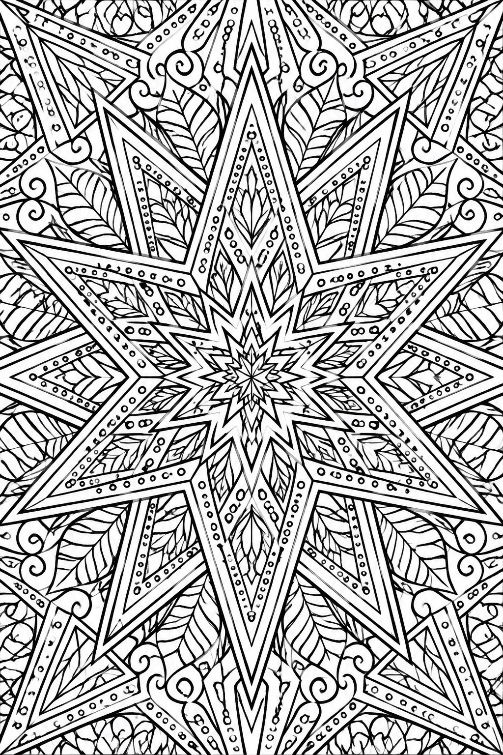 Symmetrical black and white mandala with eight-pointed star, leaves, and swirls.