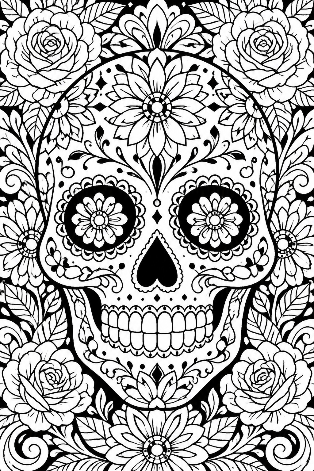 Intricate black and white sugar skull with floral patterns amid blooming roses