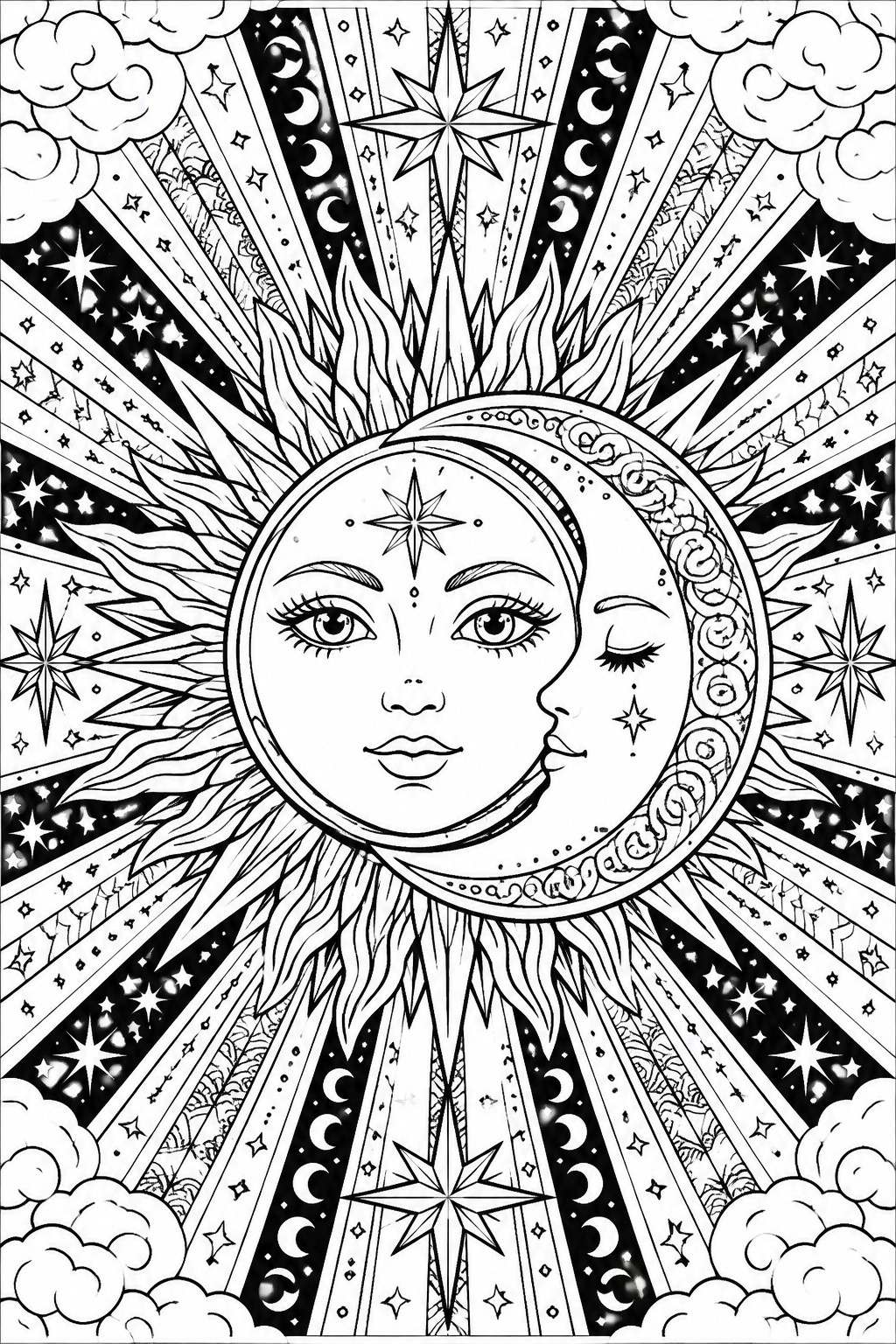 Black and white coloring page of a sun and moon combined into one face, surrounded by stars, clouds, and radiating lines.