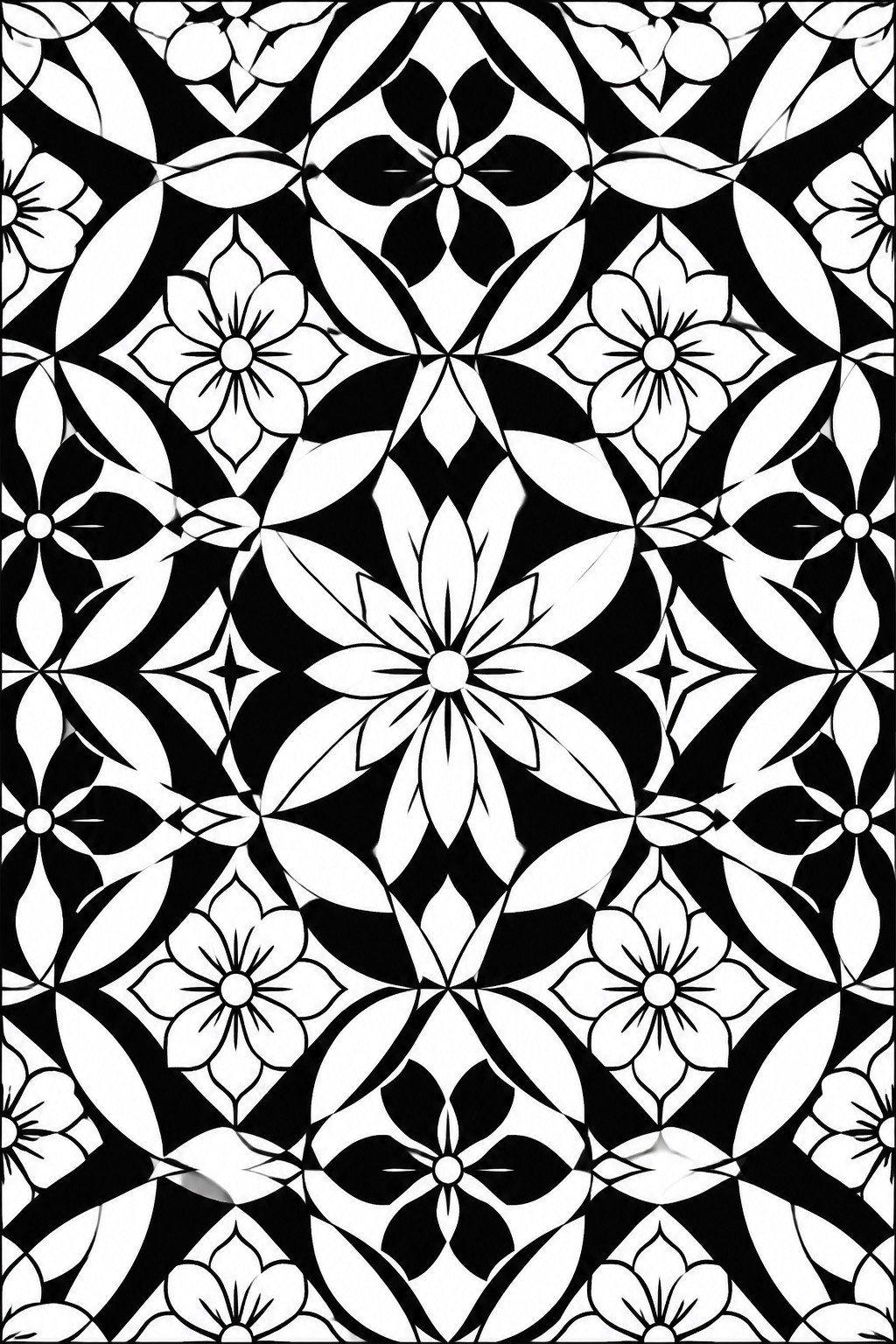 Black and white coloring page with a repeating pattern of flowers, leaves, and geometric shapes in high contrast.
