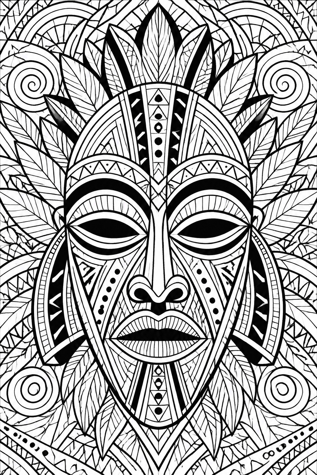 Ornate black-and-white tribal mask with intricate patterns, leaves, and spirals.