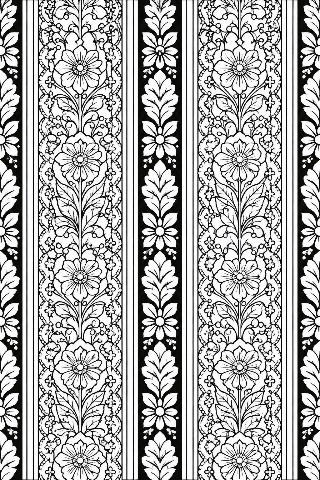 Black and white ornate floral pattern with vertical repeating leaf motifs
