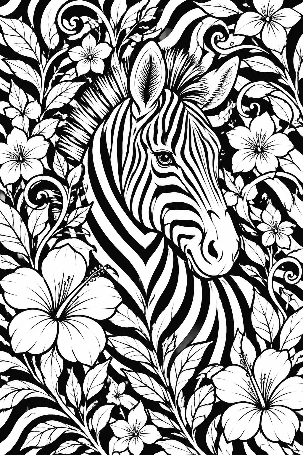 Black and white zebra head amid tropical flowers and swirling leaves