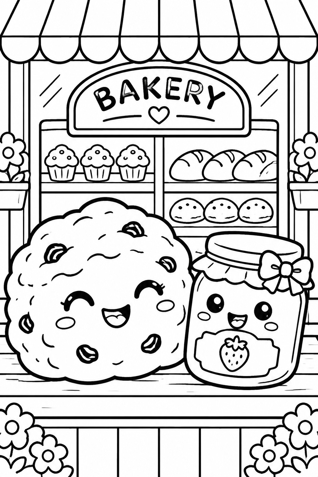 A coloring page of a large smiling cookie next to a jam jar with a bow in front of a bakery shop filled with pastries and flowers.
