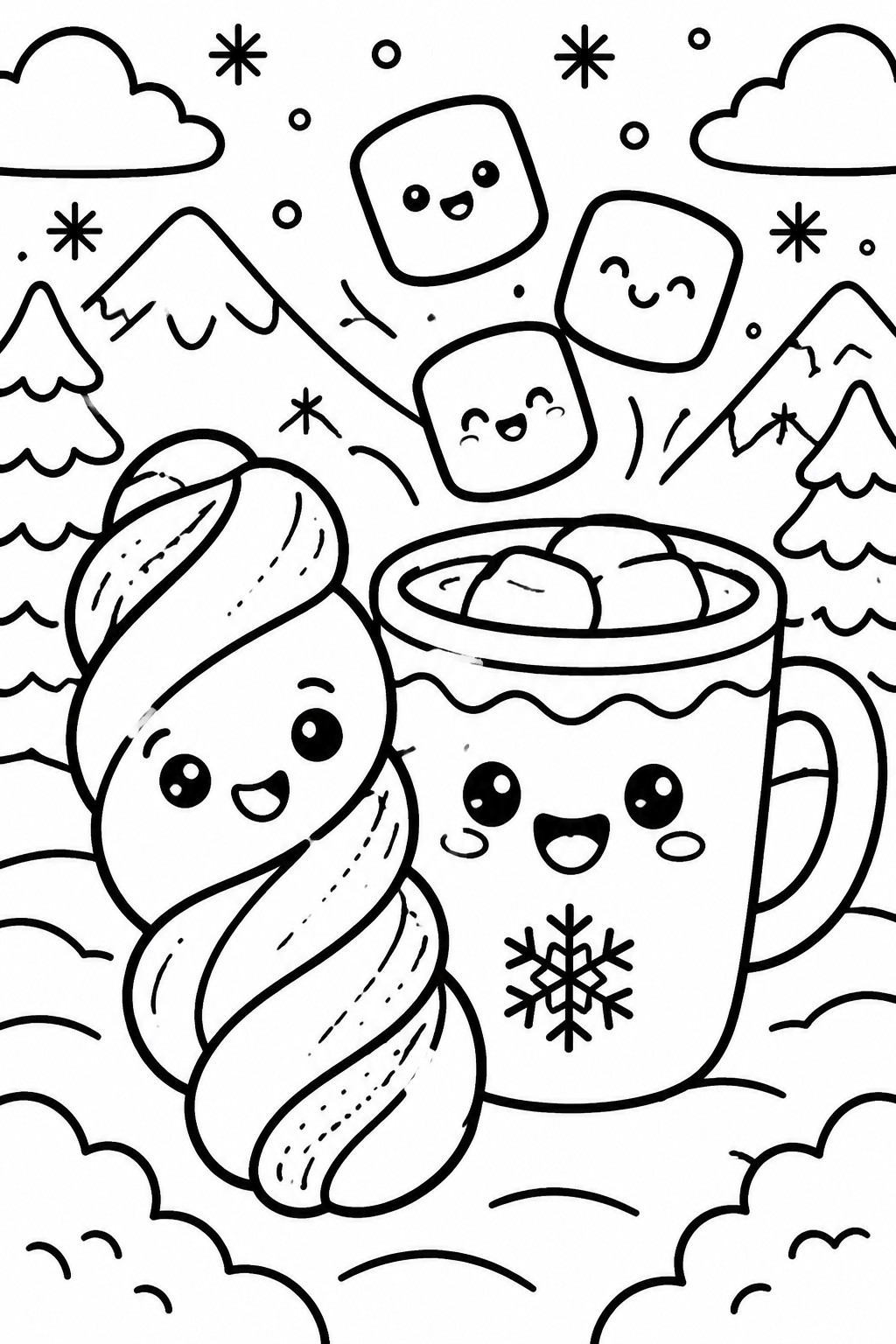 Cute marshmallow in hat and scarf beside cocoa mug with floating marshmallows in snowy mountains.