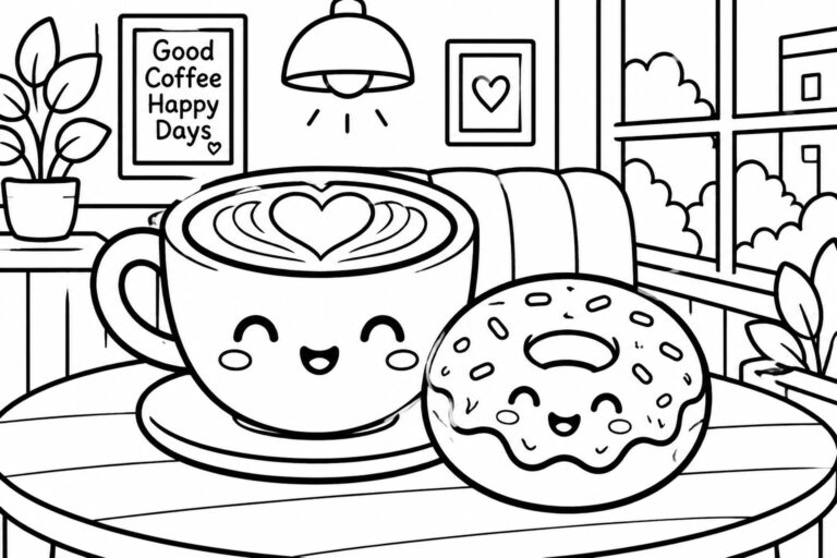 A black and white line drawing of a cute faced coffee cup with heart foam next to a smiling donut on a café table.