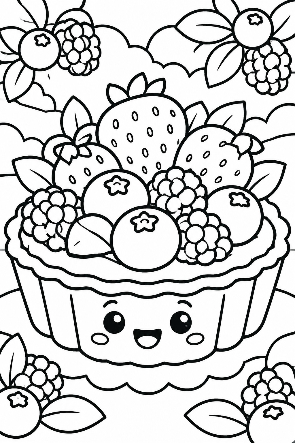 Kawaii cupcake with smiling face topped with strawberries, blueberries, and blackberries.