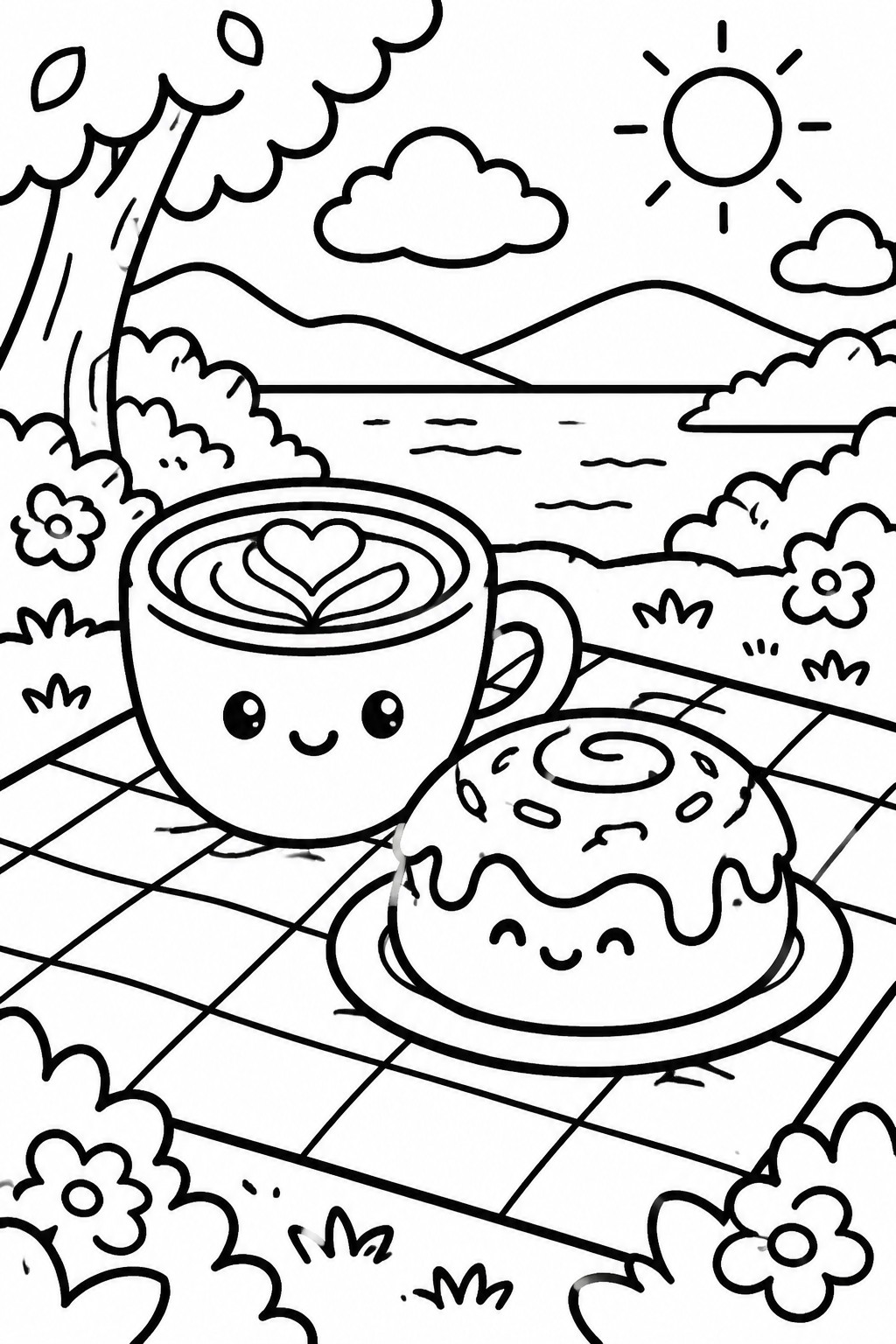 Cute coffee cup and donut with faces on checkered picnic blanket outdoors