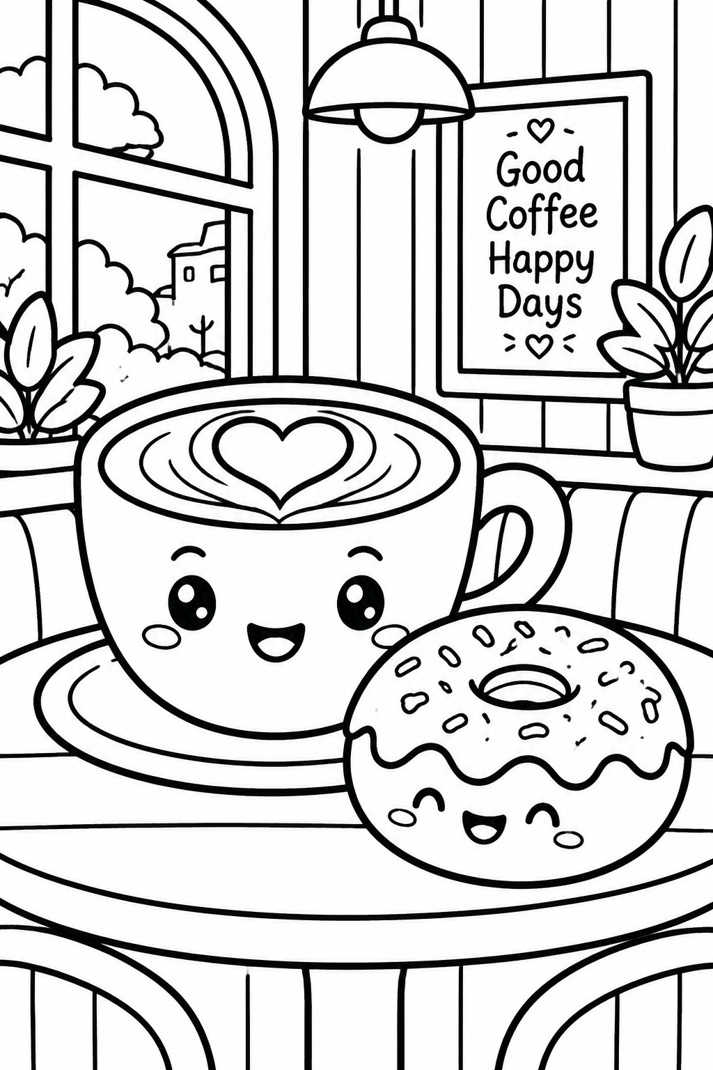 A black and white line drawing of a cute faced coffee cup with heart foam next to a smiling donut on a café table.