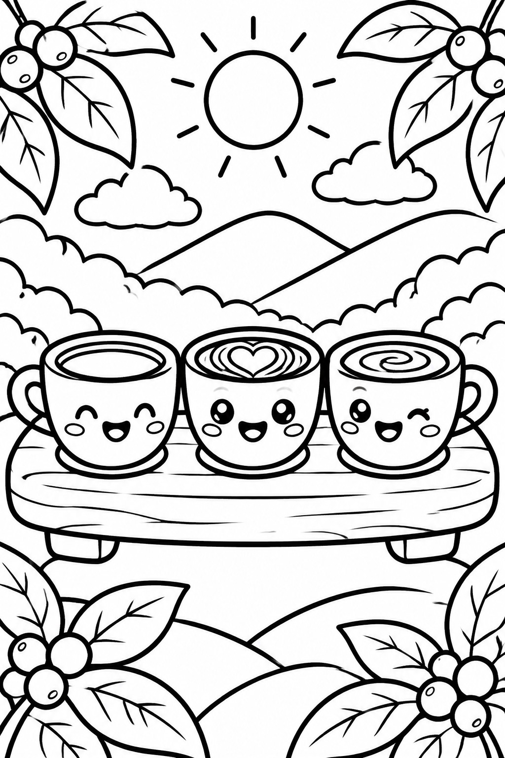 Three cartoon coffee cups with faces on tray amid holly, sun, clouds and hills
