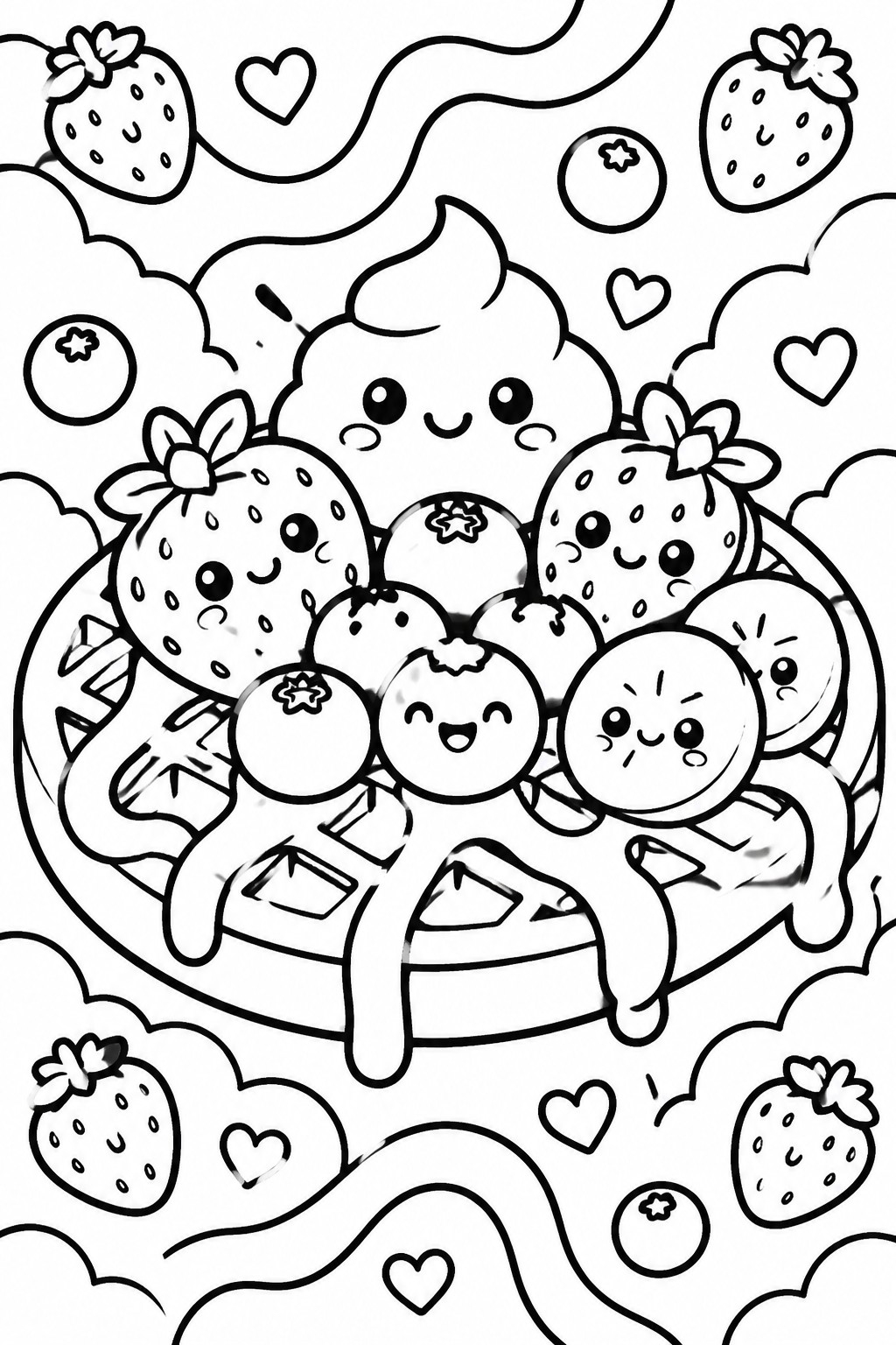 Black and white coloring page of kawaii fruits with faces piled on a waffle, surrounded by hearts and berries.