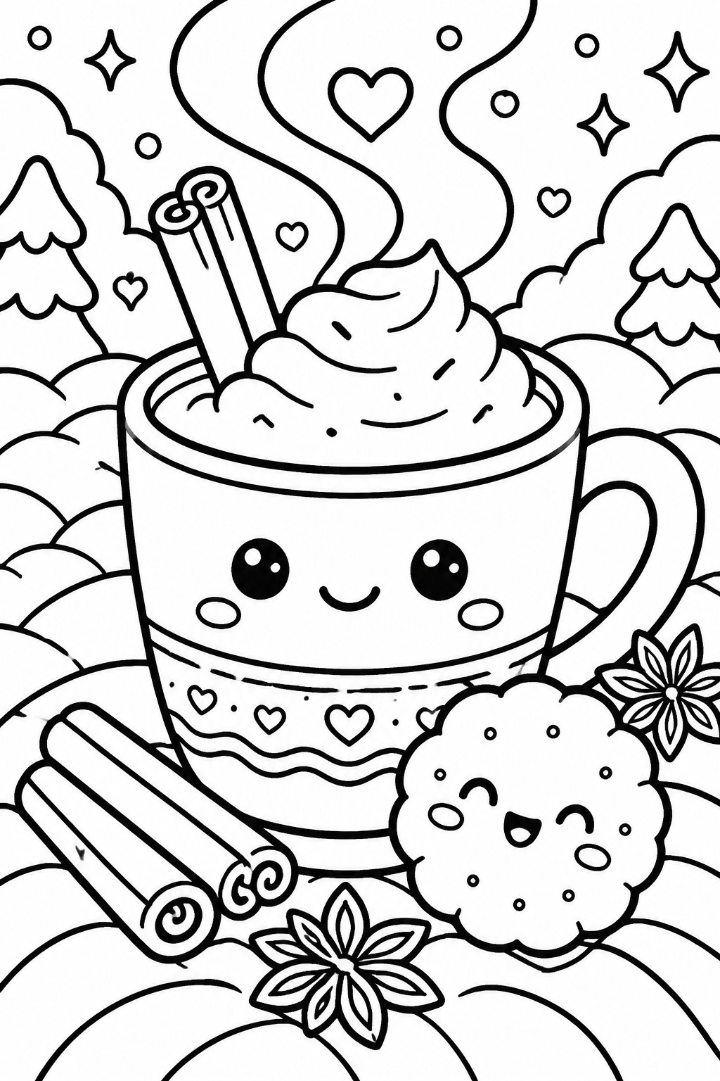 Kawaii coloring page of smiling cocoa mug with cookie, cinnamon sticks and hearts