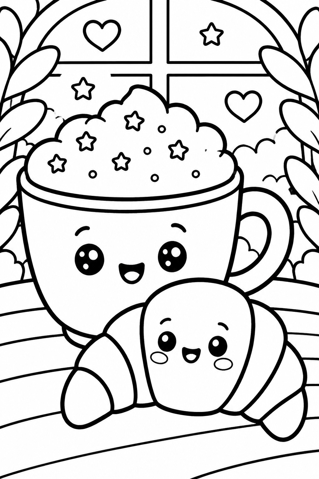 Cute kawaii coloring page of smiling mug with cookie, stars and hearts