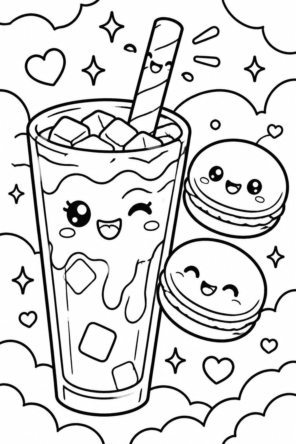 Kawaii coloring page of a smiling iced drink with two cute macarons.