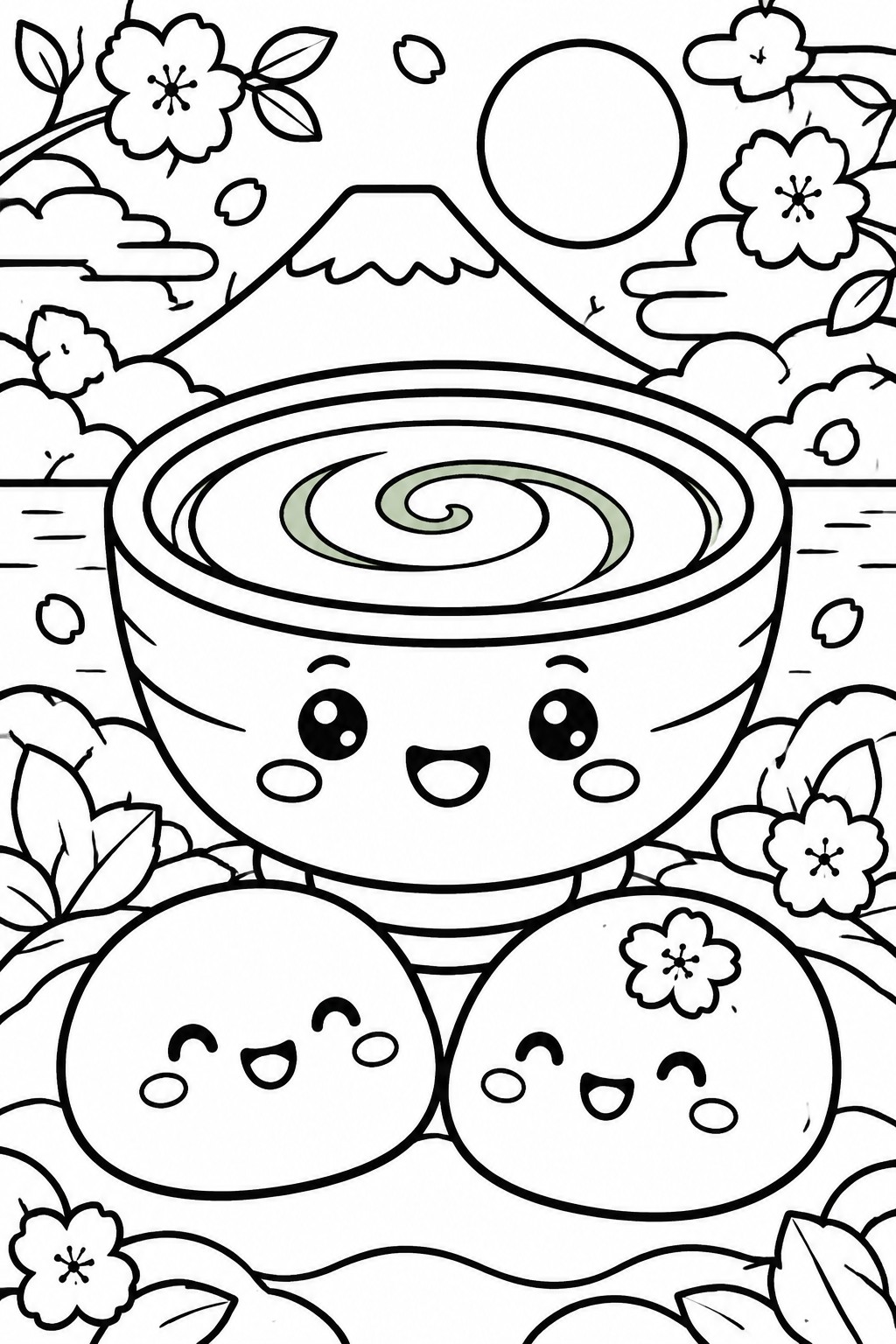 Kawaii smiling bowl with mochi faces, cherry blossoms, and Mount Fuji behind.