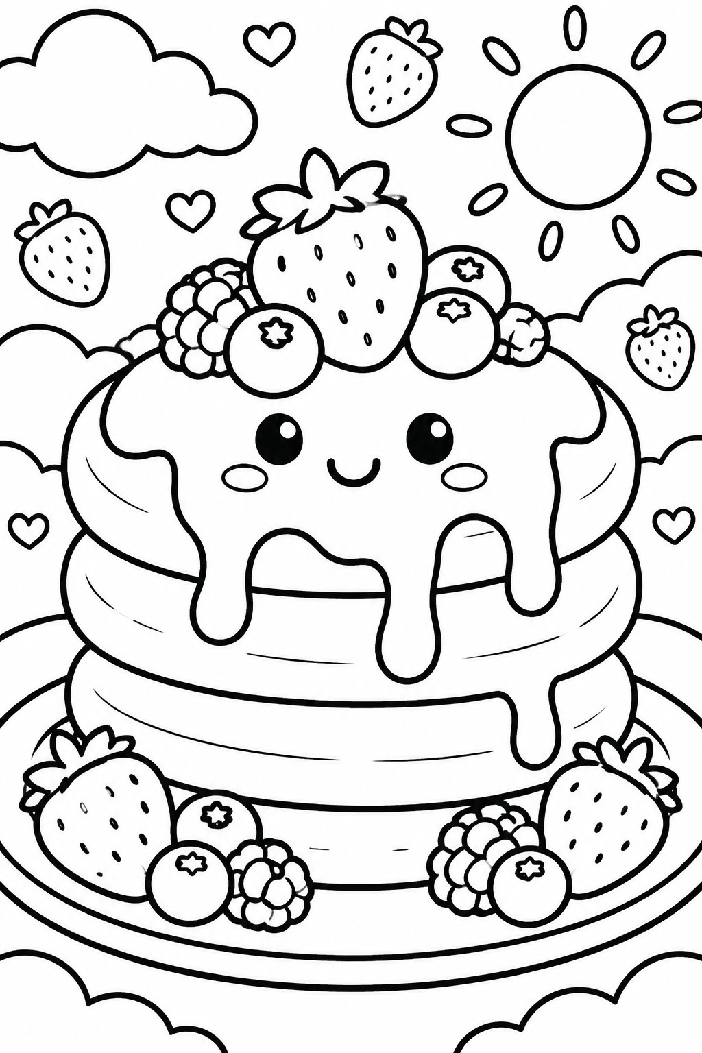 Kawaii pancake stack with smiling face, syrup drizzle, and fresh berry toppings.