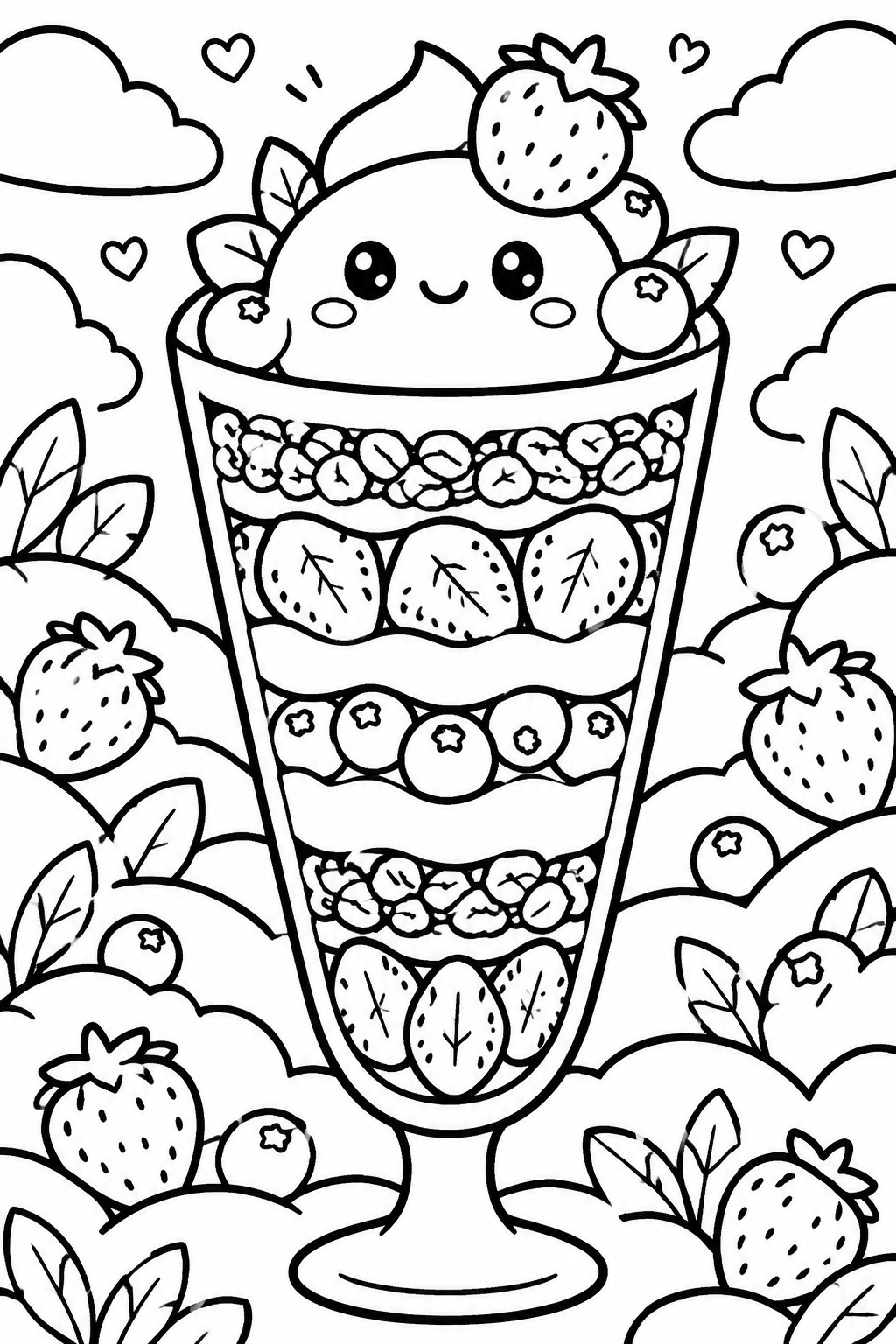 Kawaii parfait glass with smiling face, layered fruits, granola, strawberries and hearts.