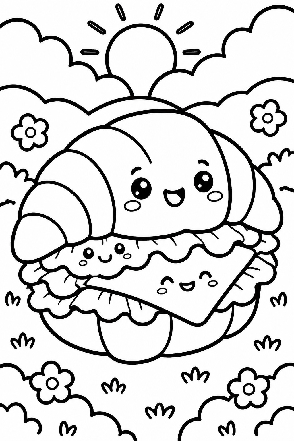 Kawaii line art of smiling cartoon pies with faces amid clouds, sun, and flowers.