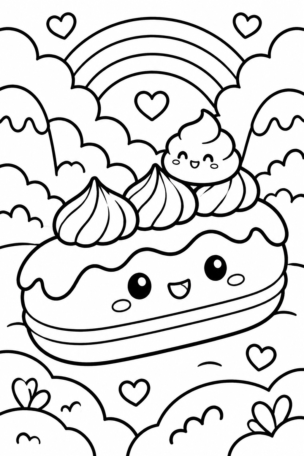 Kawaii line art of smiling donut pastry with cream character under rainbow and hearts