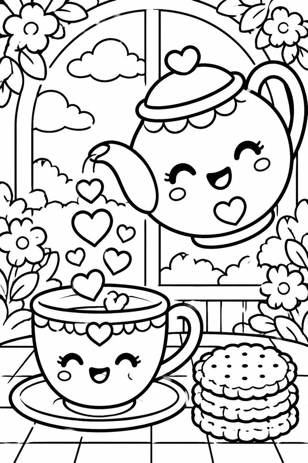 Cute cartoon teapot pours tea into smiling teacup with hearts, cookies and flowers