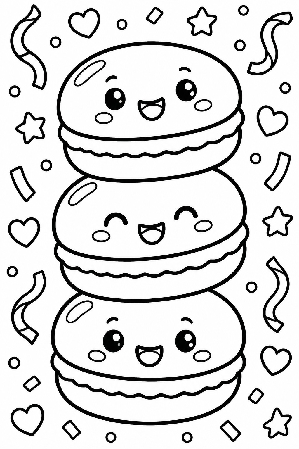 A black and white coloring page shows three stacked macarons with cute faces surrounded by hearts, stars, ribbons, and small shapes.