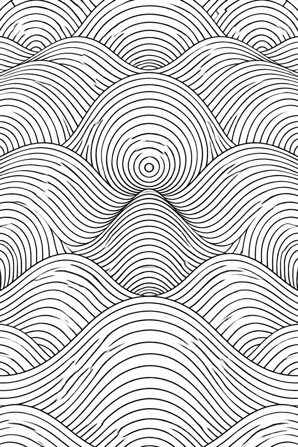 Black and white abstract pattern of wavy lines with central spiral.