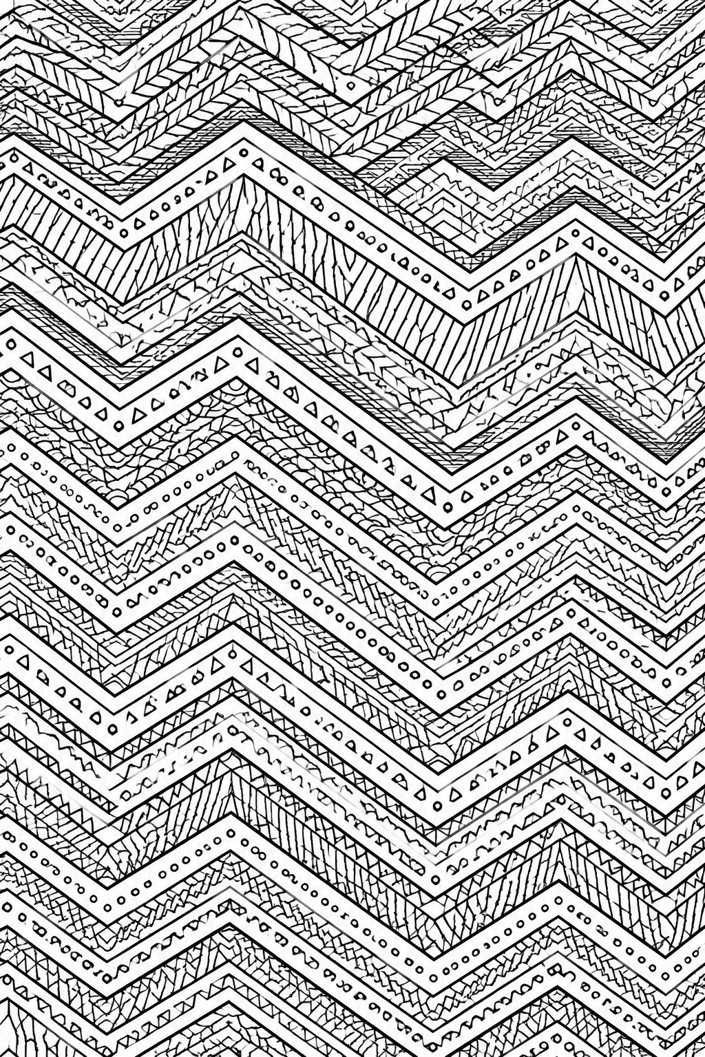 Black and white chevron zigzag pattern with geometric shapes and line textures