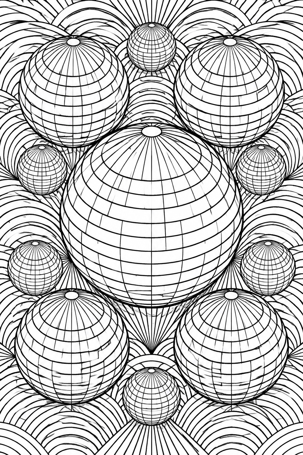Black and white line art of clustered grid spheres amid swirling radiating lines