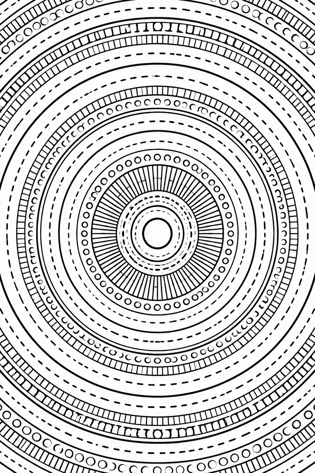 A black and white coloring page of concentric circles filled with dashes, dots, lines, and radiating spokes around a small empty center.