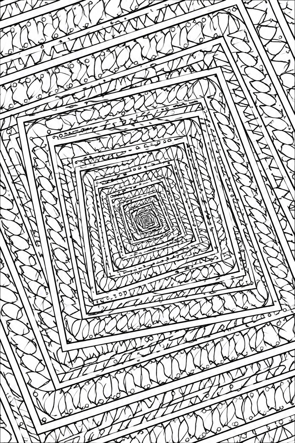 Intricate black and white mandala of concentric squares with leaf patterns