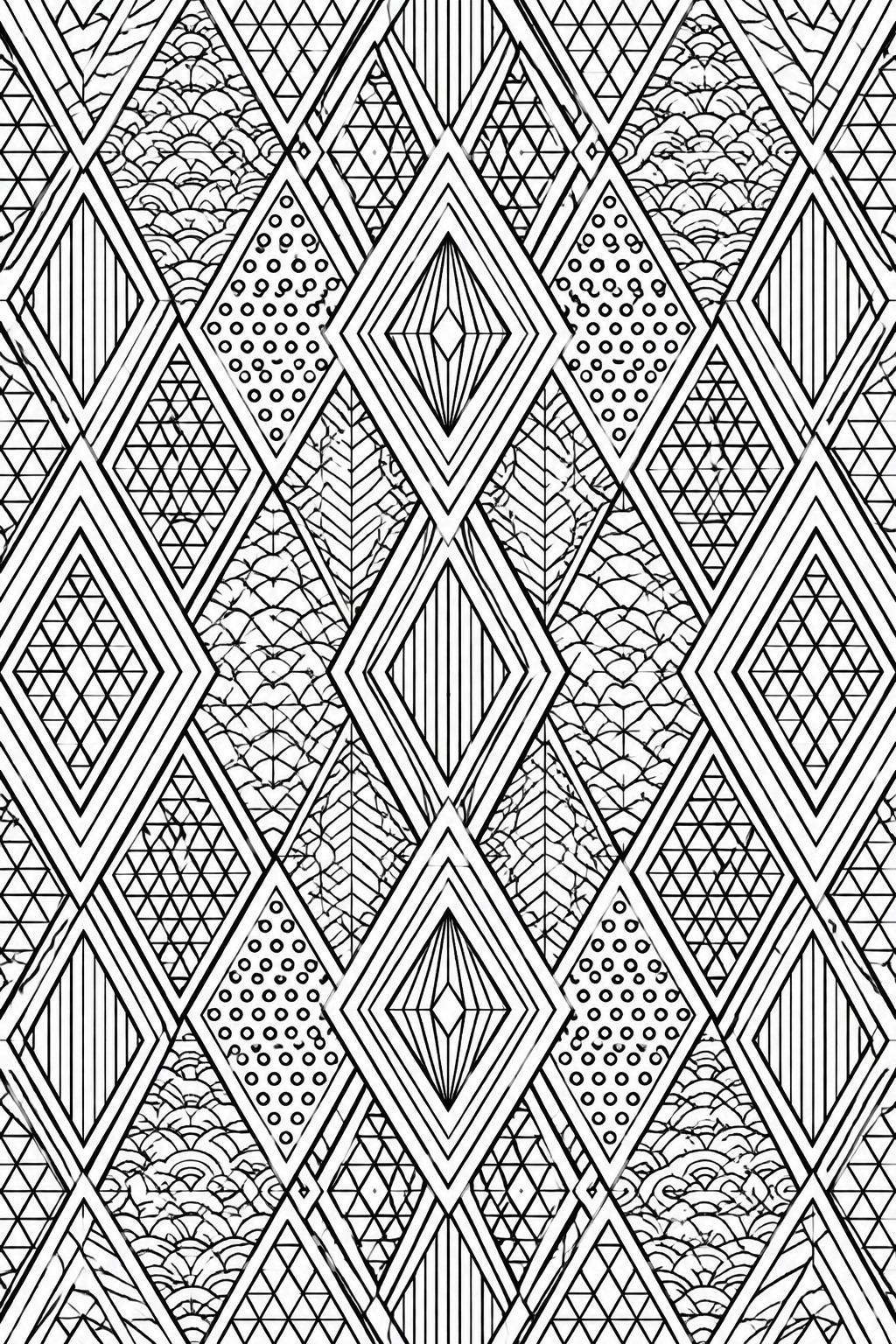 Black and white line art coloring page showing a repeating diamond grid filled with triangles, dots, waves, and linear patterns.
