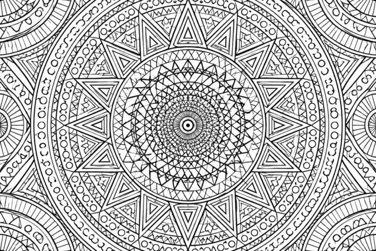 Intricate black and white mandala with concentric circles, triangles, and geometric patterns.