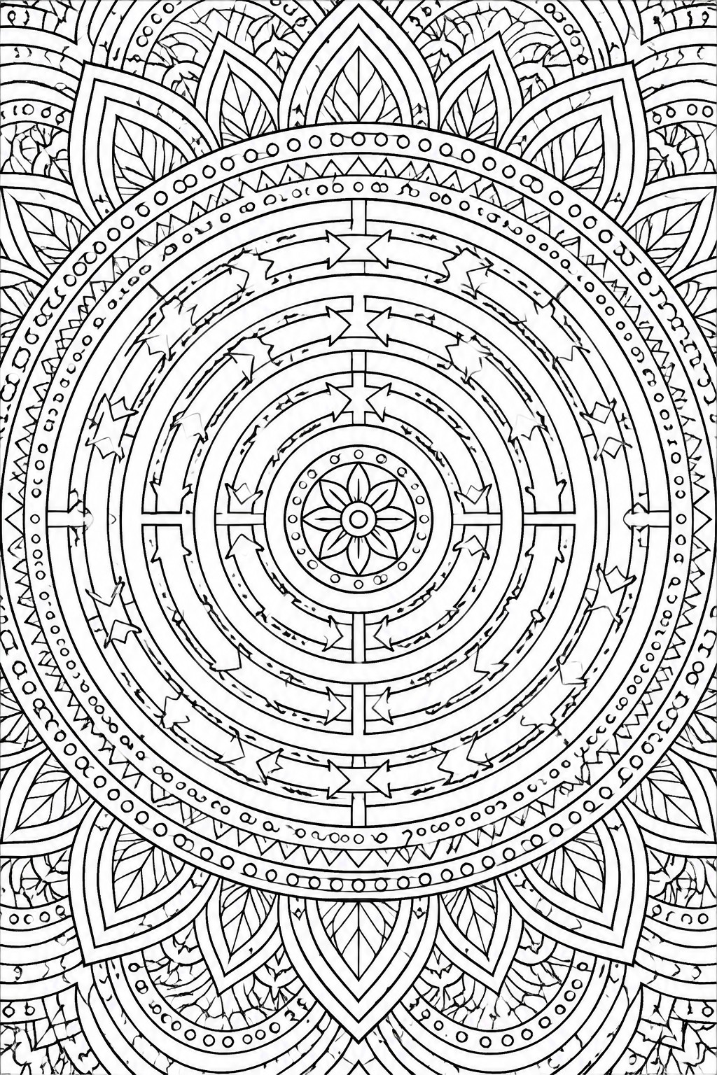 Intricate black-and-white mandala with concentric circles, arrows, and floral patterns.